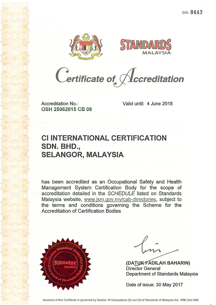  Accredited as OSHM Certification Body 
